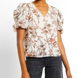 Express Brown Floral V-Neck Blouse With Puff Drape Sleeves Size Small